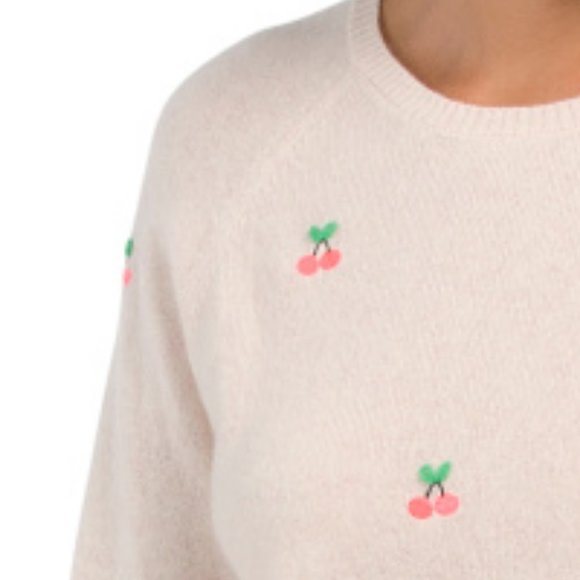 New BRODIE CASHMERE 100% Cashmere Embroidered Cherry Sweater in Pink 1095T0 - Picture 2 of 7